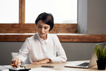 woman in costume in front of laptop documents Professional Job isolated background