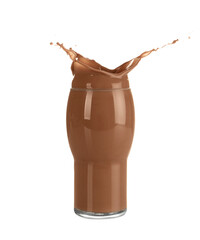 Tasty chocolate milk splashing out of glass isolated on white