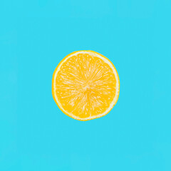 Fresh lemon slice close up on bright blue background. Flat lay. Summer concept.
