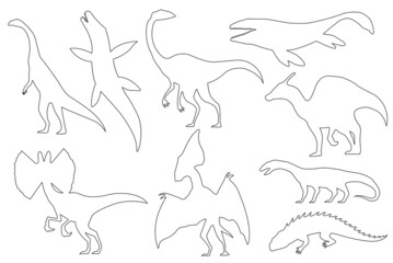 Dinosaur silhouettes set. Coloring dino monsters icons. Prehistoric reptile monsters.  illustration isolated on white. Black and white graphics