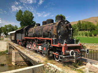 Two hundred years old train in muradiye district of van province. Turkey. locomotive in black color.