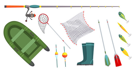 Fishing. Fishing equipment. Outdoor vacation. Isolated fishery hobby. Fish tackle and hook, rod and float, lure and bait, boots and rubber boat. Fun activity icons set