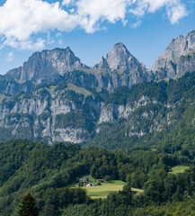 Fototapeta na wymiar A view close to a lake in Switzerland with a beautiful mountain range as backdrop
