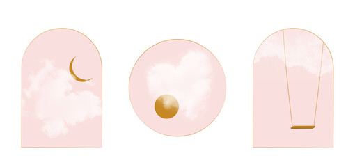 Golden moon in clouds on pink sky, Realistic heart-shape clouds, swing in the sky, Sun shining thru clouds Minimalistic arch composition vector set Gold monochrome minimalistic composition background 