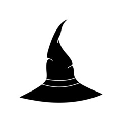 Fototapeta premium Witch hat vector illustration in simple style. Hand drawn wizard cap for holiday Halloween. Black icon isolated on white background. Scary silhouette magician hat. Accessory for party on Halloween