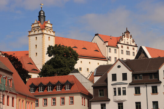 Colditz in Sachsen; Schlossblick vom Marktplatz