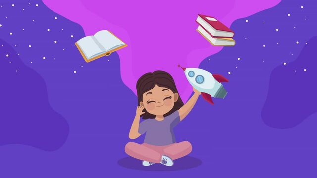 little girl playing with rocket animation