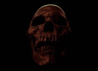 Human skull in full face a black background. Concept art, death, horror for print, poster. Symbol of spooky Halloween, immortal, pirate. 3d rendering illustration. Graphic Design
