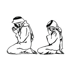 Father and son praying namaz. Sketching vector muslim illustration.