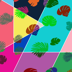 abstract vector seamless pattern. colorful leaves on a background of colored geometric shapes