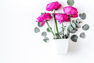 floral concept with pink flowers on white background top view mock-up