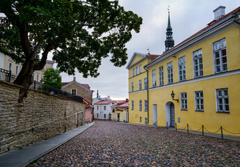 Fototapeta na wymiar Cobbled street in the city of Tallinn at sunrise. Estonia.