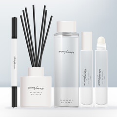 Vector Clear Glass or Plastic Tall Screw Cap Bottle, Opaque White Diffuser, Roll-on Fragrance Bottle and Charcoal Reed Aromatic Home Diffuser Set.
