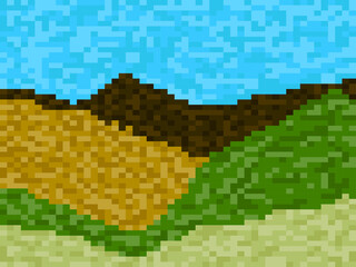 Fototapeta na wymiar Pixel landscape with green meadows and hills. Retro 8-bit video game of the 90s in 2D. Pixel art design for games, apps, banners and posters. Vector illustration