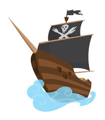 Stylized cartoon pirate ship illustration with Jolly Roger and black sails. Cute  drawing. Pirate Ship sailing on water