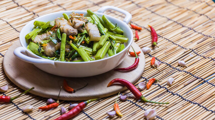 Thai food style pork puff water spinach