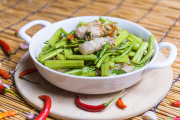 Thai food style pork puff water spinach