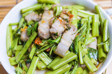Thai food style pork puff water spinach
