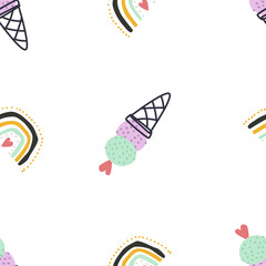 Seamless pattern of cute ice cream with rainbow and hearts on a white background. Vector illustration for printing on fabric, packaging paper, postcard. Cute children's background