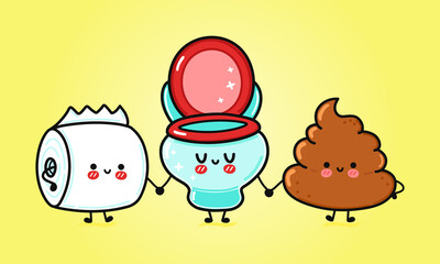 Fototapeta premium Cute, funny happy toilet paper, toilet and turd character. Vector hand drawn cartoon kawaii characters, illustration icon. Funny cartoon toilet paper, toilet and turd friends concept