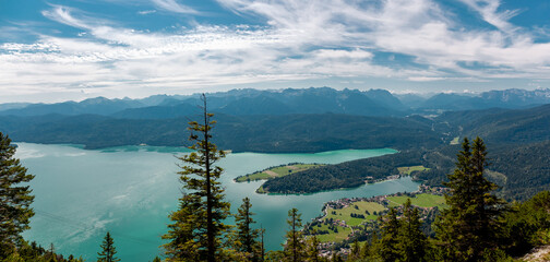 Lake in the mountains. Panoramic Aerial view of Bavarian village Walchensee with Lake Walchensee in the European Peralps , Karwendel Mountains. Bavaria, Germany, Europe