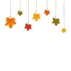 Frame or decoration made of autumn maple leaves hanging from above by a thread. Empty space for discounts, sales and text.