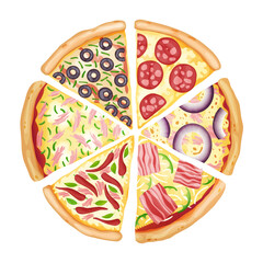 Color pizza top view. Savoury pizza ads with 3d illustration rich toppings dough. Colorful and tasty  banner for cafe, restaurant or food delivery service