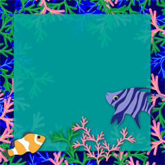 Fototapeta na wymiar Frame with fishes: underwater landscape with clownfish, scalar and with other fishes. For background or card, bright illustration.