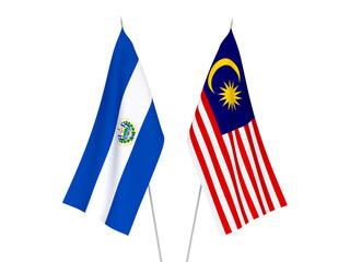 National fabric flags of Malaysia and Republic of El Salvador isolated on white background. 3d rendering illustration.