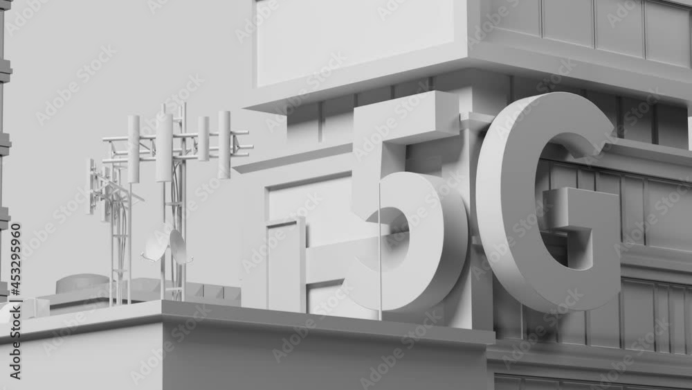 Wall mural 3d render of a white building with antenna and 5g symbol on the edge of the walls. detail 3d render.
