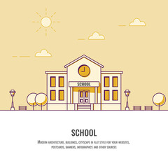 City landscape. Shool. Cityscape. Real estate concept. Education. Yellow flat illustration. Back to shool. Line style. Flat vector illustration. Ecology. eps10. Street light. Trees.