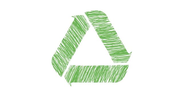 Animated universal green recycling symbol in loop with cartoon pen style isolated on white background