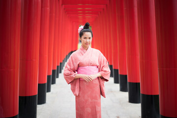 Young beautiful Women in traditional japanese kimonos walking at Shrine japan, Kimono women