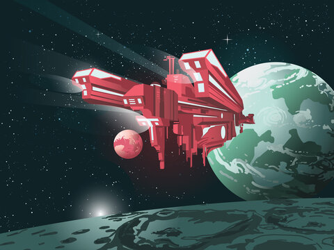 Large red interstellar spaceship approaching a distant galaxy exo planet in in deep space