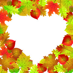 Autumn heart frame made of maple linden oak leaves and acorns.