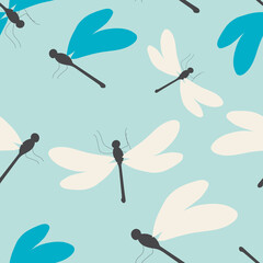 Dragonflies are cute in blue colors. Seamless pattern for trendy fabrics, modern textiles, decorative pillows. 