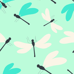 Dragonflies are cute in blue colors. Seamless pattern for trendy fabrics, modern textiles, decorative pillows. Vector.