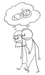 Frustrated or Sad Couple of Man and Woman with Fertility or Conception Problem, Dreaming About baby, Vector Cartoon Stick Figure Illustration