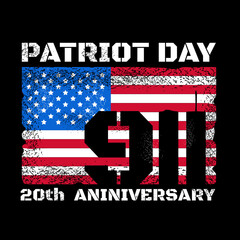 Patriot day design with American flag and New York World Trade Center twin towers skyline. Vector illustration design. Remember 911, 11 september attack concept