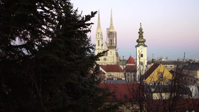 Aerial view of Zagreb Cathedral and city skyline at sunset with as seen from Gradec, Zagreb, Croatia