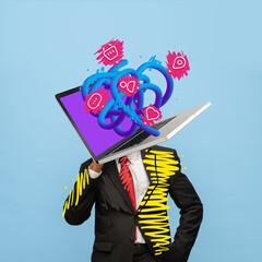 Contemporary art collage of man with laptop and flying app icons
