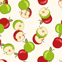 Seamless pattern with apple on white background. Natural delicious fresh ripe tasty fruit. Vector illustration for print, fabric, textile, banner, design. Stylized apples with leaves. Food concept
