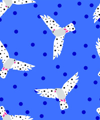 Obraz premium Abstract Hand Drawing Cute Flying Pigeons Seamless Vector Pattern with Polka Dots Background