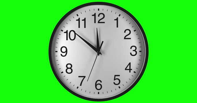 Clock Face Close Up In Time Lapse On Green Screen. Clocks Running Fast. Clock Dial Close-up Isolated On A Green Screen.