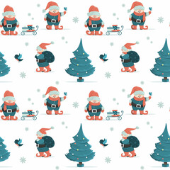 Obraz na płótnie Canvas Seamless Christmas pattern with fairy gnomes, Christmas tree and gifts. Cartoon-style illustration.