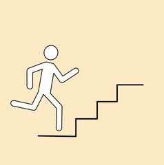 Fototapeta na wymiar a man is running up the ladder to success, a businessman isolated on a fashionable beige background, an emergency exit