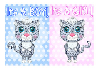 Cartoon snow leopard with expressive eyes among flowers, hearts, decorative elements. Wild animals, character, childish cute style.