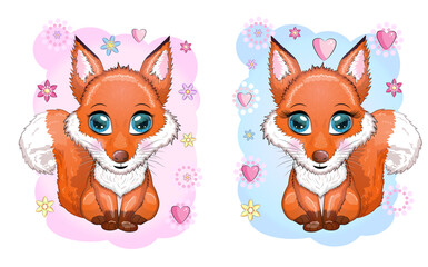 Baby shower card Cute Woodland Fox with flowers and butterflies on a pink background