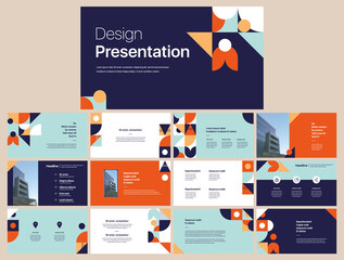 Set of vector slides for presentations and reports. Geometric elements with infographics in minimal design on a white background. Can be used for brochures, flyers, booklets, banners, web interfaces.