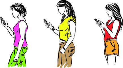 three women walking looking at cell phone vector illustration